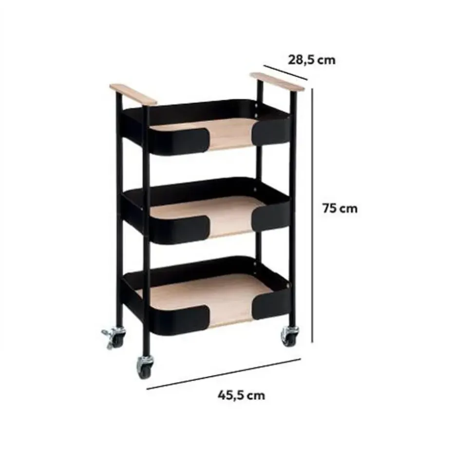 5Five Keukentrolley/kast - zwart - metaal/hout - 75 x 46 x 29 cm - 3 niveaus - B