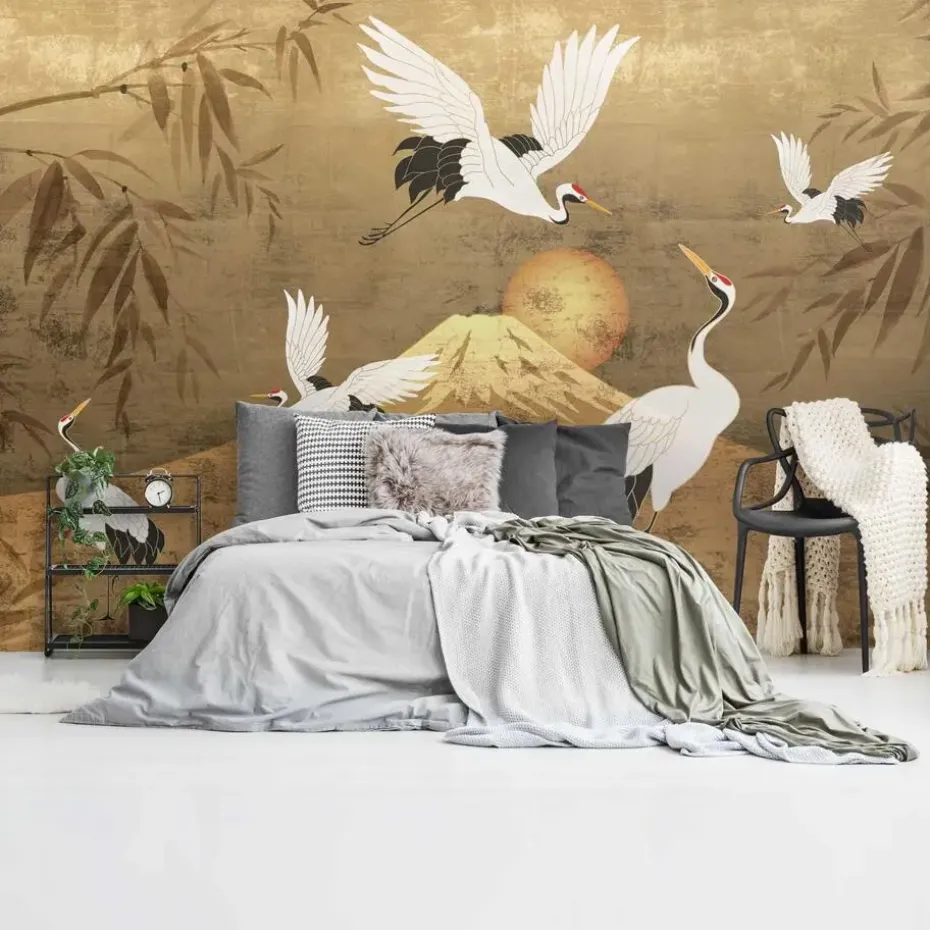 Fotobehang Kraanvogels - 260 x 384cm - Goudkleurig