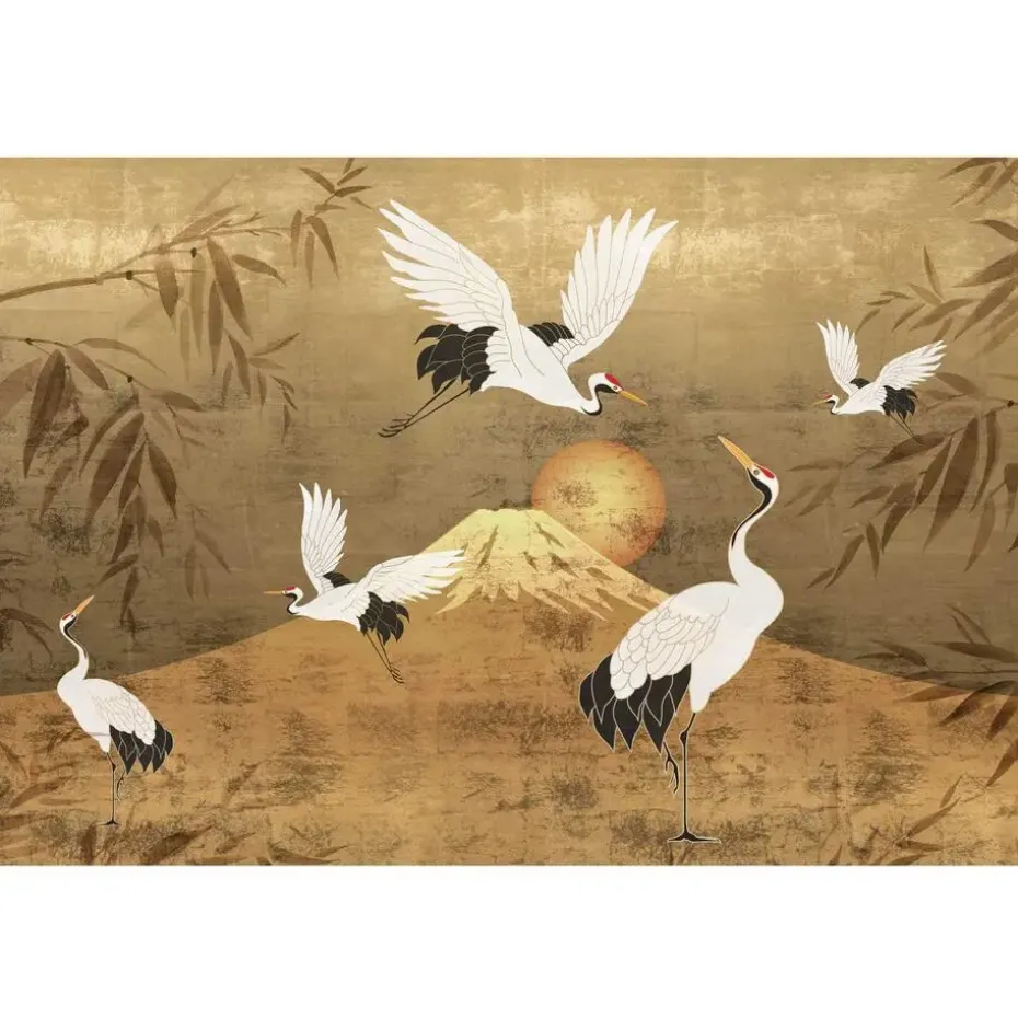 Fotobehang Kraanvogels - 260 x 384cm - Goudkleurig