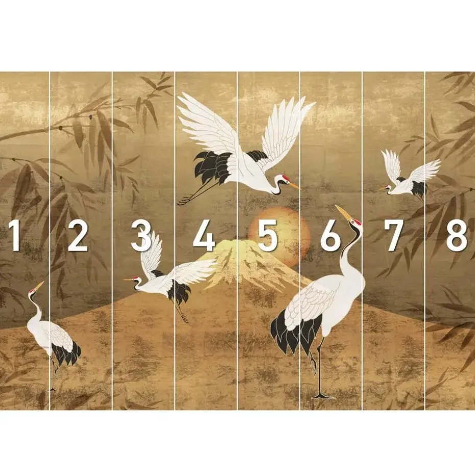 Fotobehang Kraanvogels - 260 x 384cm - Goudkleurig
