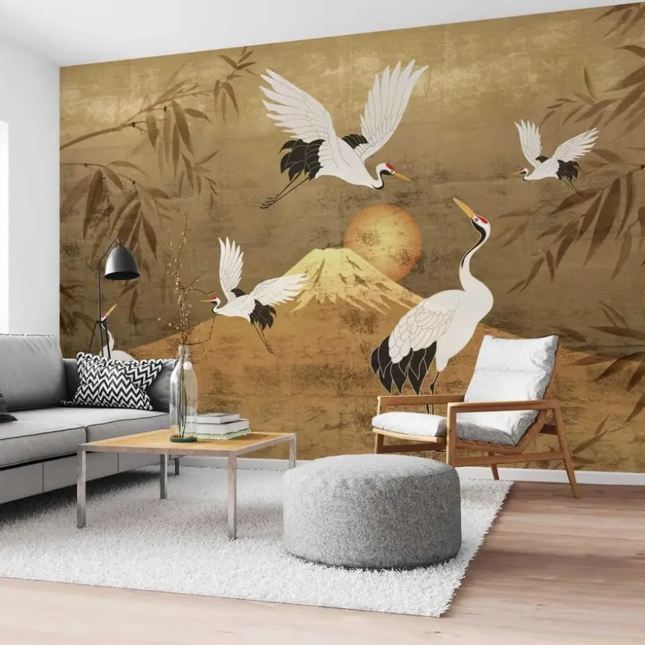 Fotobehang Kraanvogels - 260 x 384cm - Goudkleurig