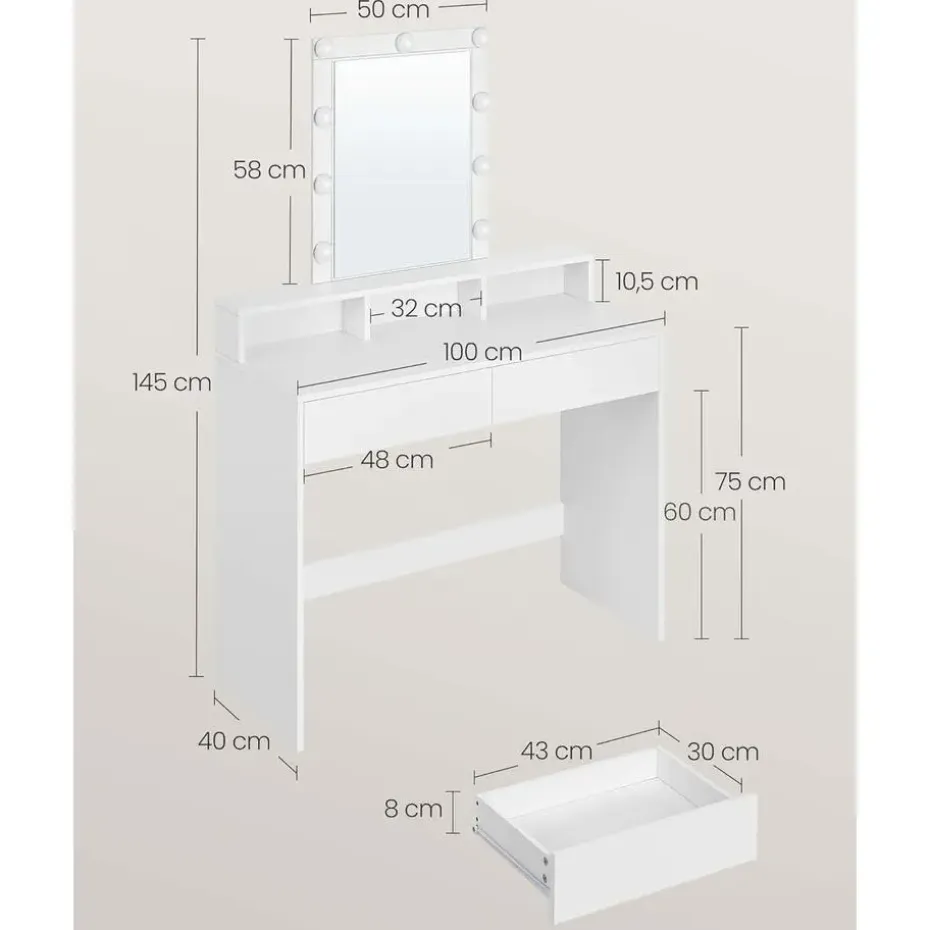 Furnihaus Witte Kaptafel met Led - 2 lades en 3 open vakken - Wit