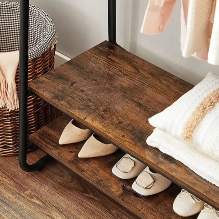 Garderobe - met 2 legplanken - 6 haken in S-vorm - vintage - Bruin-Zwart