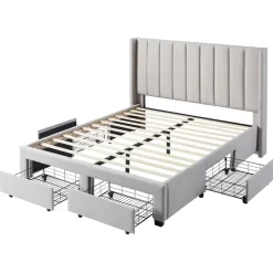 Gestoffeerd tweepersoonsbed Wallis - 140 x 200 cm - Met opberglades - Beige