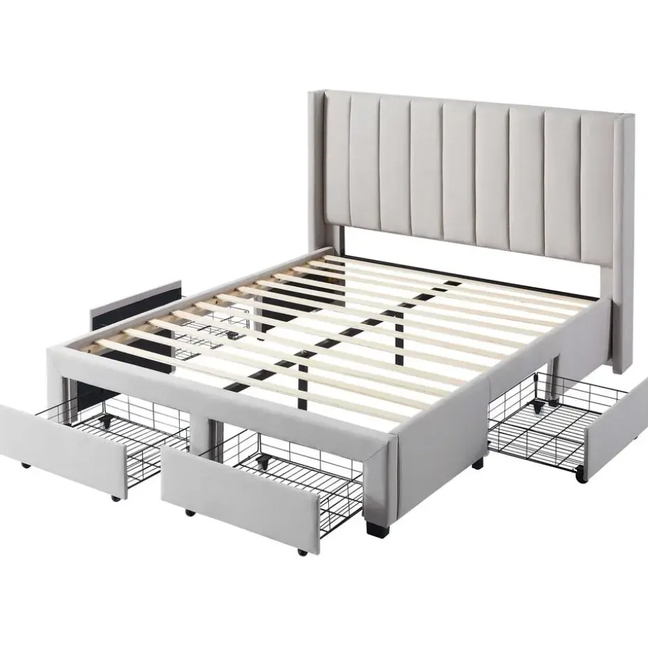 Gestoffeerd tweepersoonsbed Wallis - 140 x 200 cm - Met opberglades - Beige