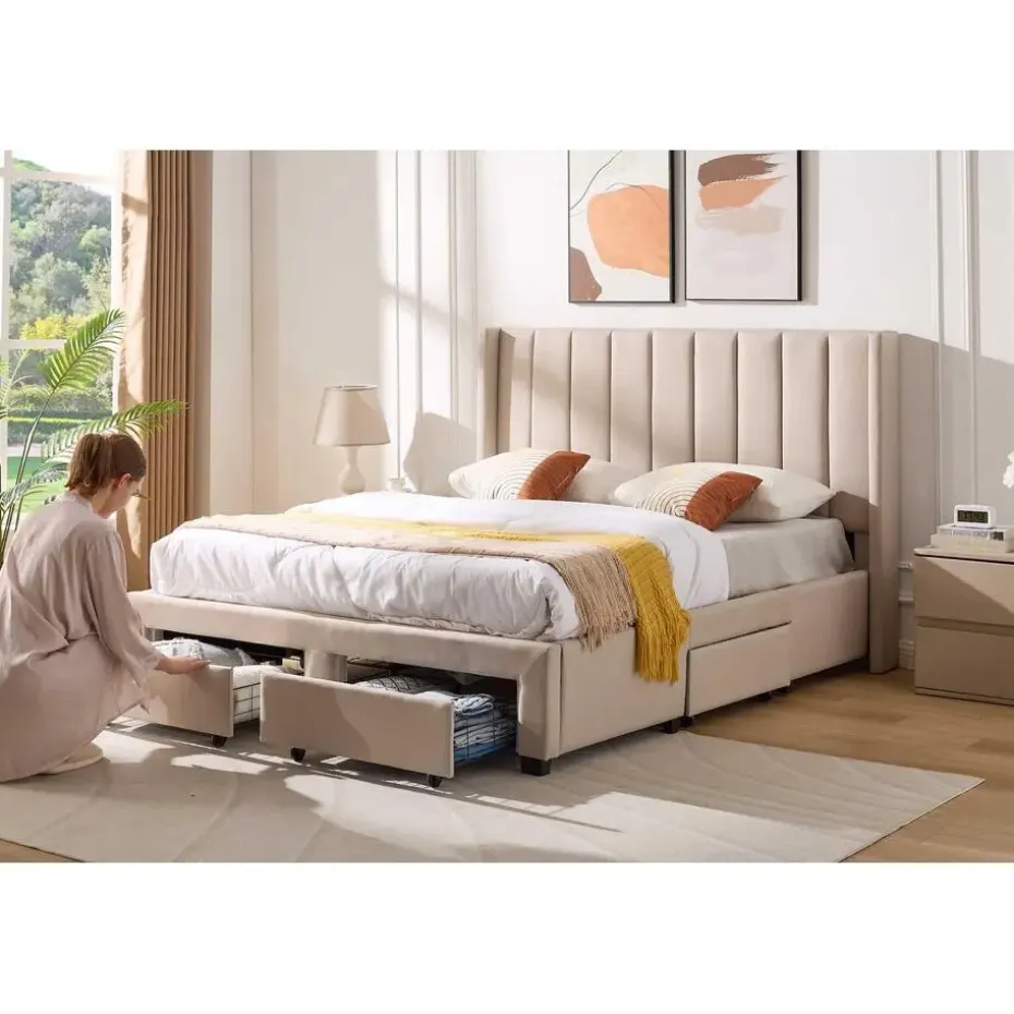 Gestoffeerd tweepersoonsbed Wallis - 140 x 200 cm - Met opberglades - Beige
