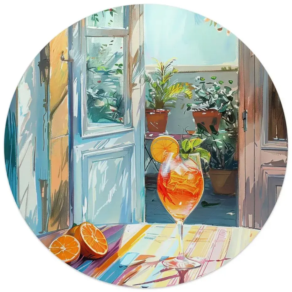 Glasschilderij Aperol in de zon - Ø 50cm - Bont