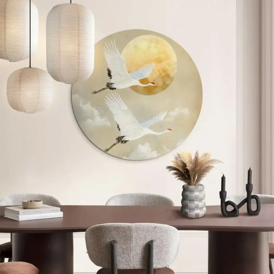 Glasschilderij Kraanvogels onder de maan - Ø 70cm - Beige