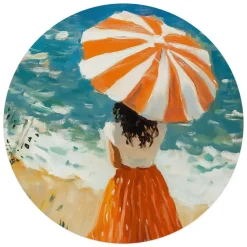 Glasschilderij Meisje met parasol - Ø 70cm - Oranje