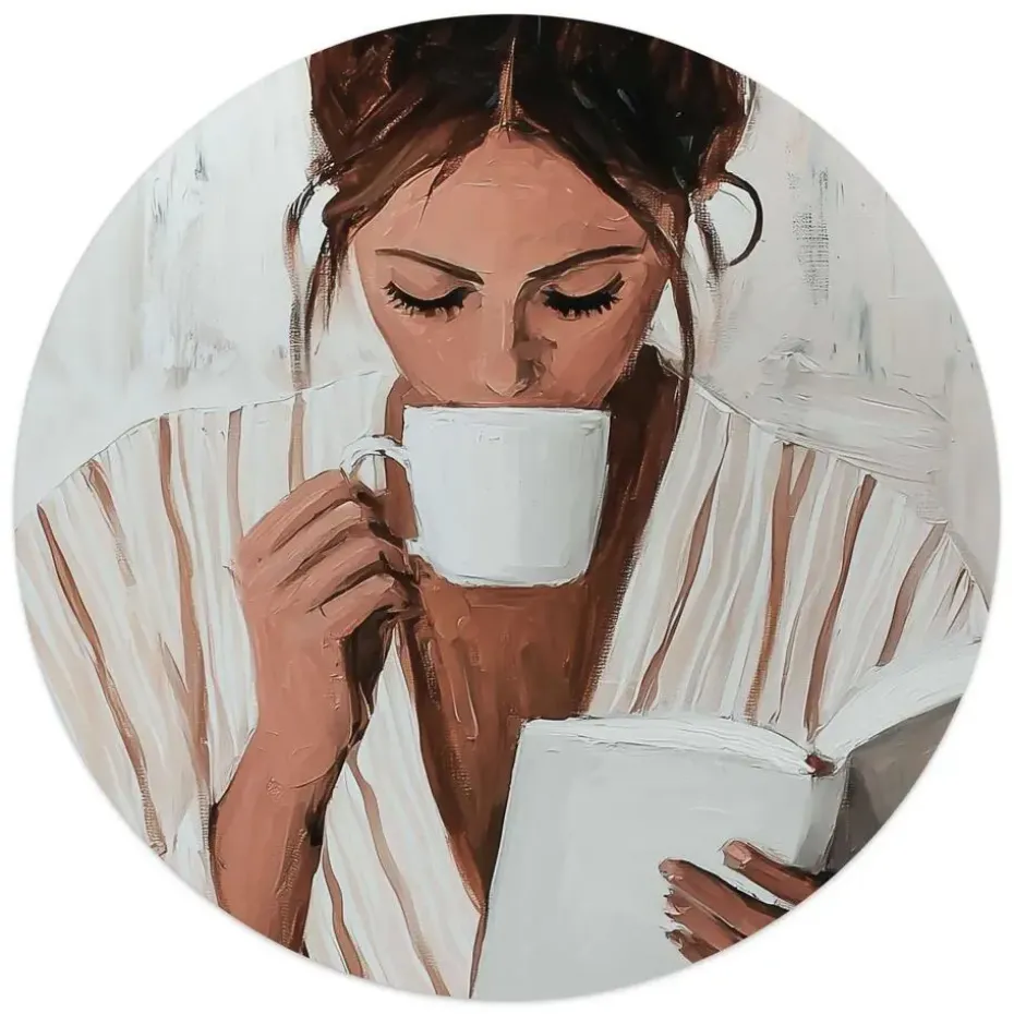Glasschilderij Ochtendkoffie met een Boek II - Ø 50cm - Beige