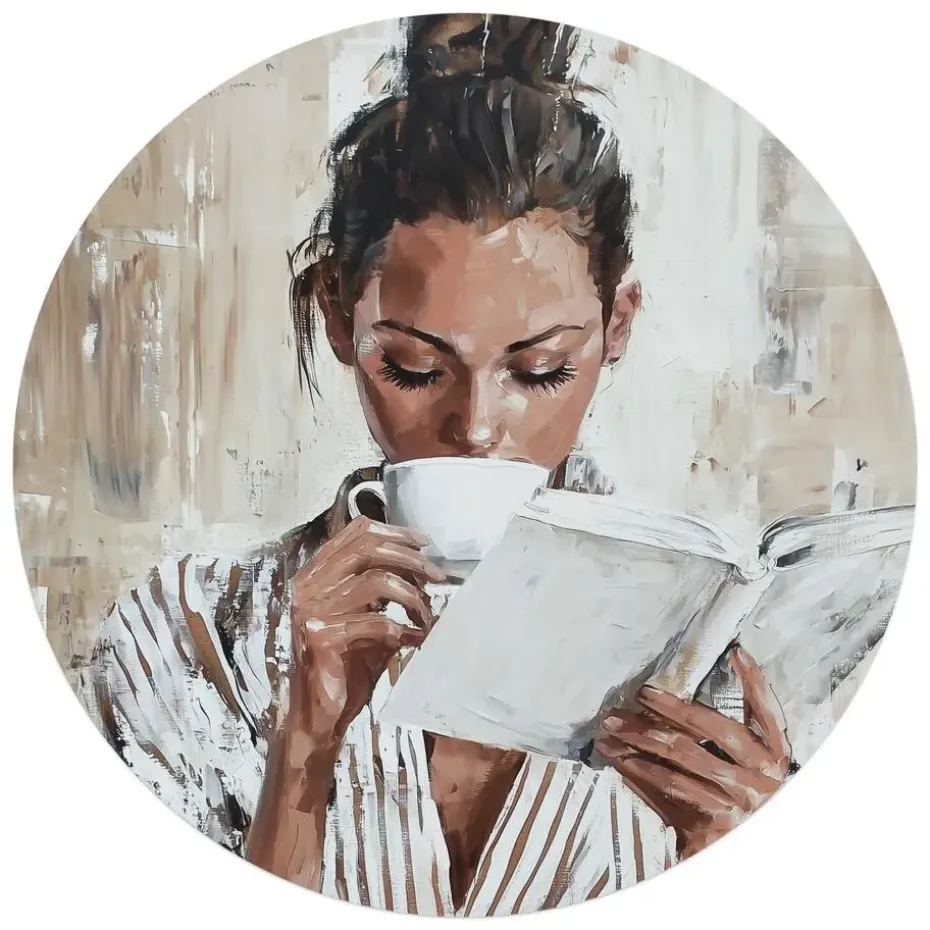 Glasschilderij Ochtendkoffie met een Boek I - Ø 70cm - Beige