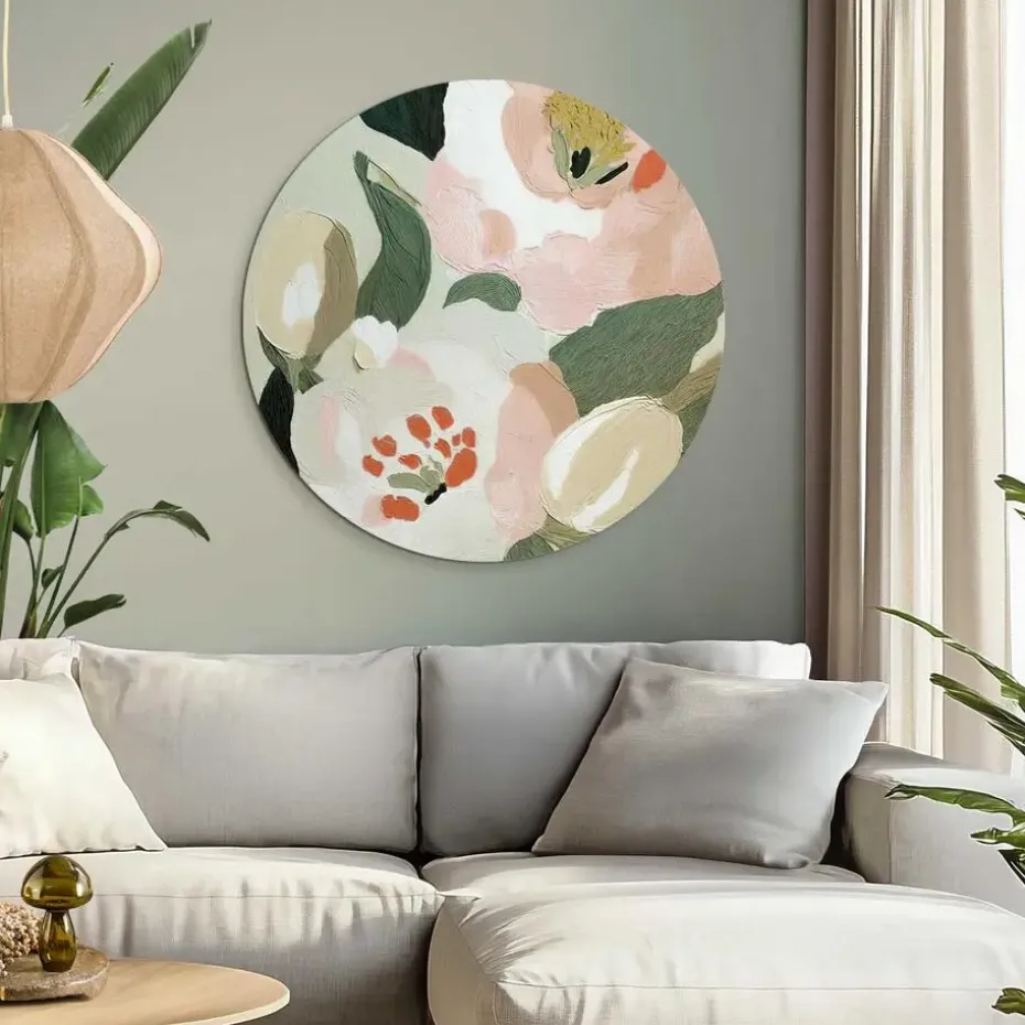 Glasschilderij Pastel bloemen - Ø 70cm - Groen