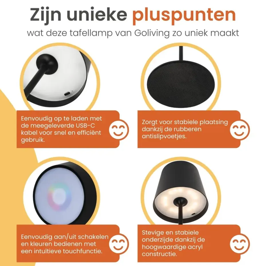 Goliving Chroma Tafellamp Oplaadbaar – Draadloos en Dimbaar – Touch – Nachtlamp