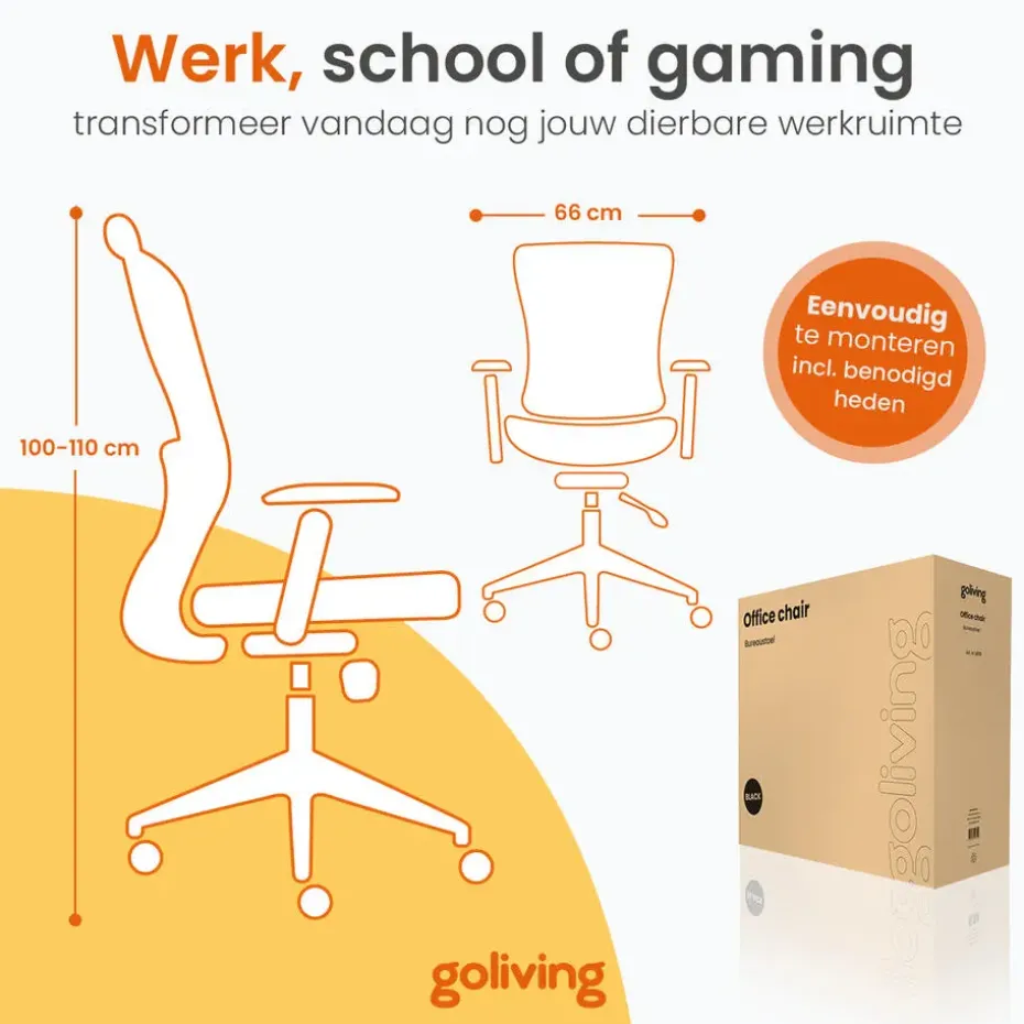 Goliving Ergonomisch bureaustoel - Verstelbaar - Op wieltjes - Zwart