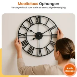 Goliving Wandklok Industrieel - Stil uurwerk - Metaal - Ø 60 cm - Zwart