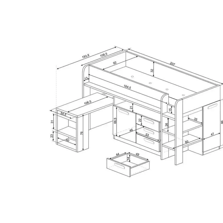 Halfhoogslaper Beau 90x200 met bureau - oudroze