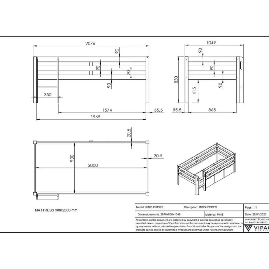 Halfhoogslaper Pip 90 x 200 dennenhout - grijs