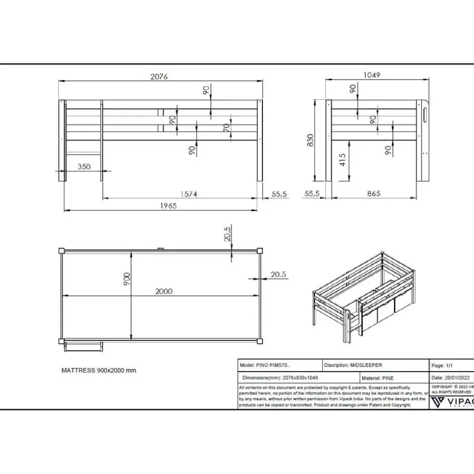 Halfhoogslaper Pip 90 x 200 dennenhout - grijs
