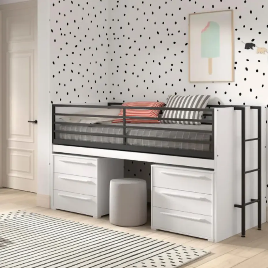 Halfhoogslaper Sammie 90x200cm - met bureau en ladekasten - wit