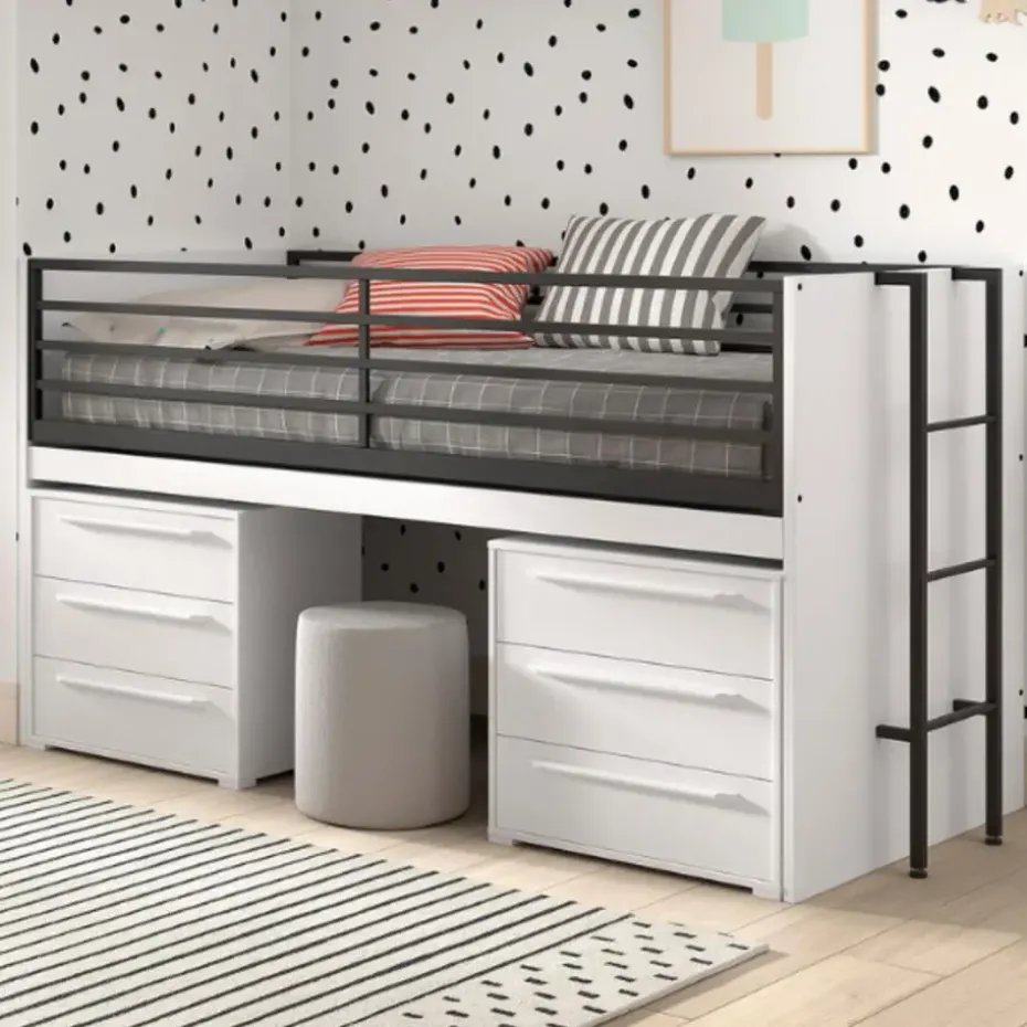 Halfhoogslaper Sammie 90x200cm - met bureau en ladekasten - wit