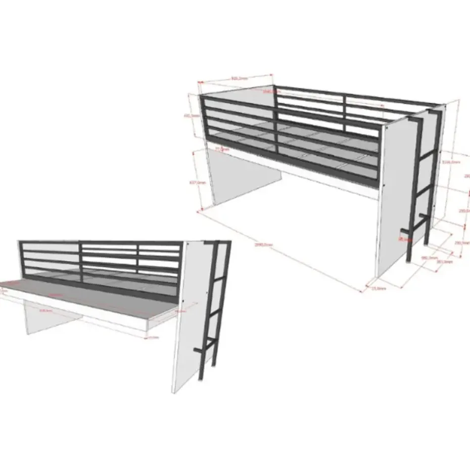 Halfhoogslaper Sammie 90x200cm - met bureau en ladekasten - wit