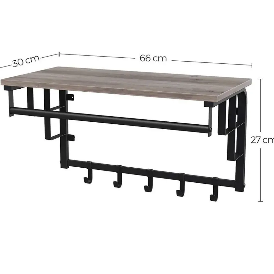 Hangende Kapstok met Plank, 5 haken - Grijs zwart