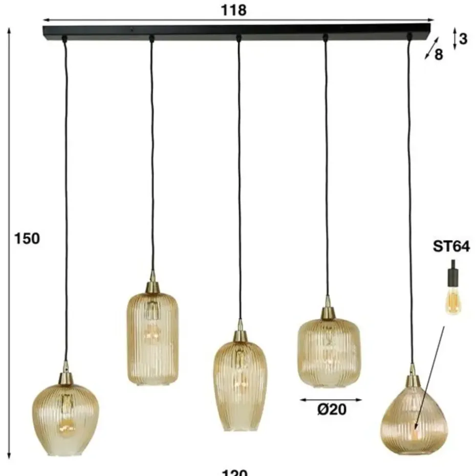 Hanglamp Ella glas amber rond 5-lichts 20x120x150 cm Amber color glas