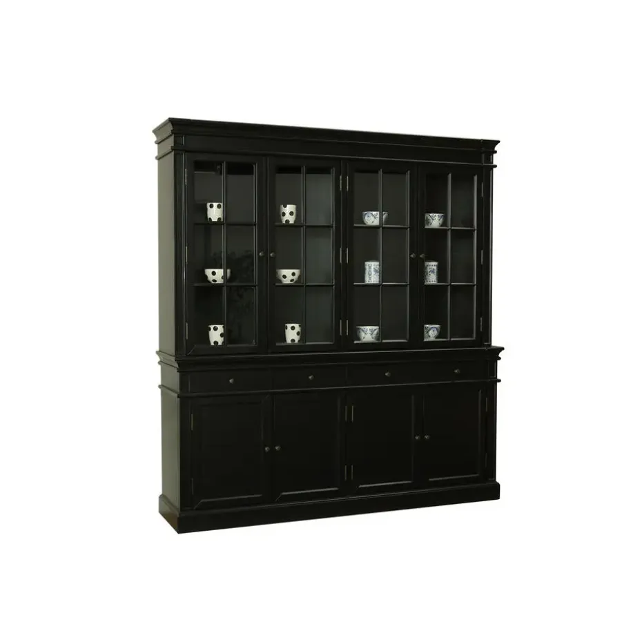 Hioshop Amaretta vitrinekast 4 deuren- zwart antiek gepatineerd Breedte 186
