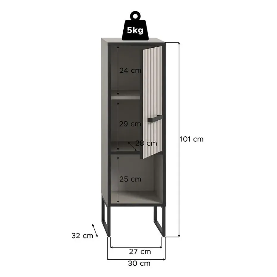 Hioshop Bagno badkamerkast 1 deur 1 vak lichtgrijs- crèmekleurig
