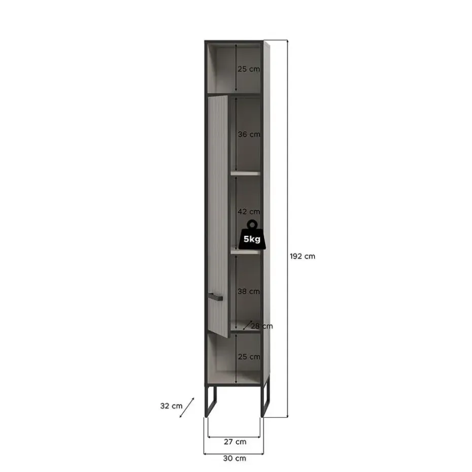 Hioshop Bagno kolomkast 1 deur 2 vakken lichtgrijs- crèmekleurig
