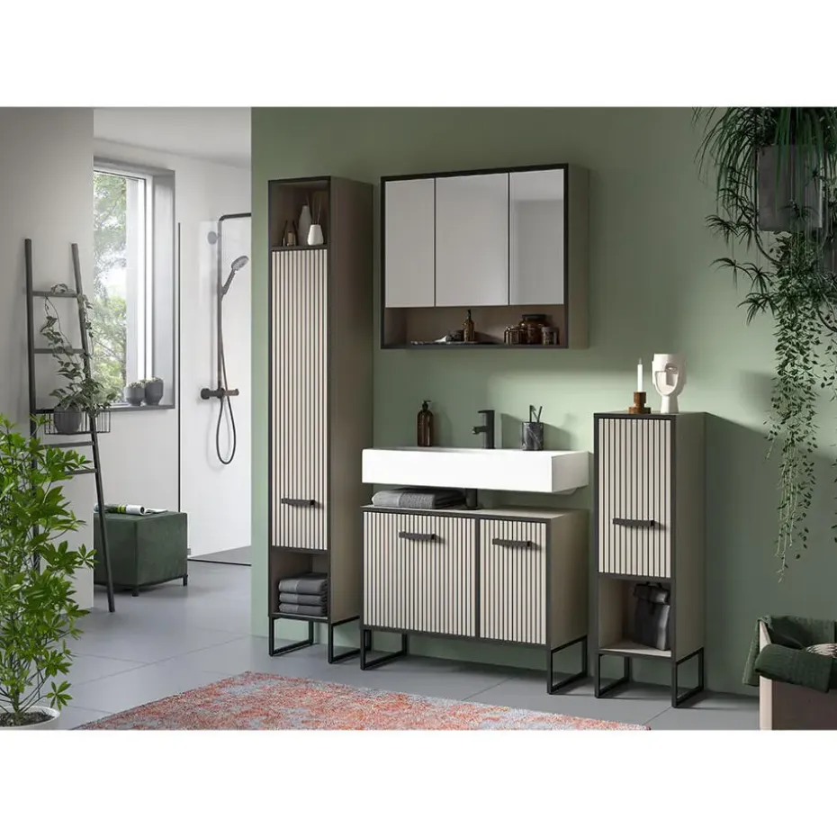 Hioshop Bagno wastafel 2 deuren lichtgrijs- crèmekleurig