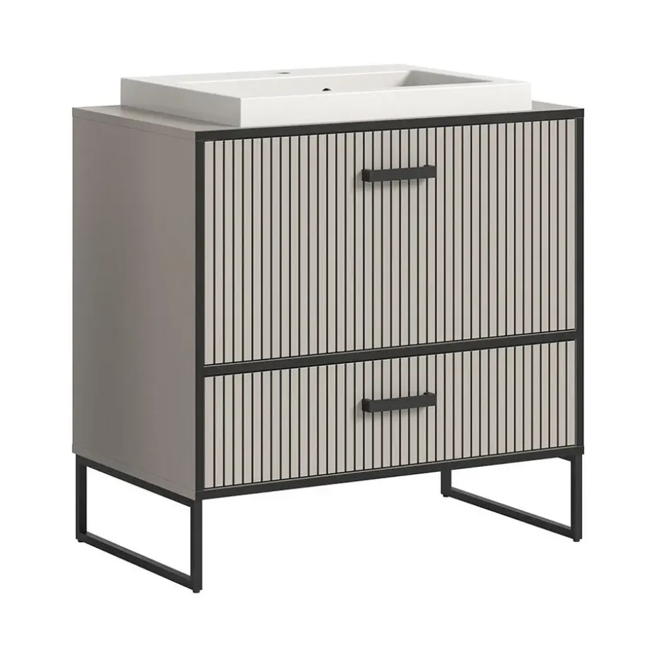 Hioshop Bagno wastafel incl wasbak 1 lade 1 klepdeur lichtgrijs- crèmekleurig