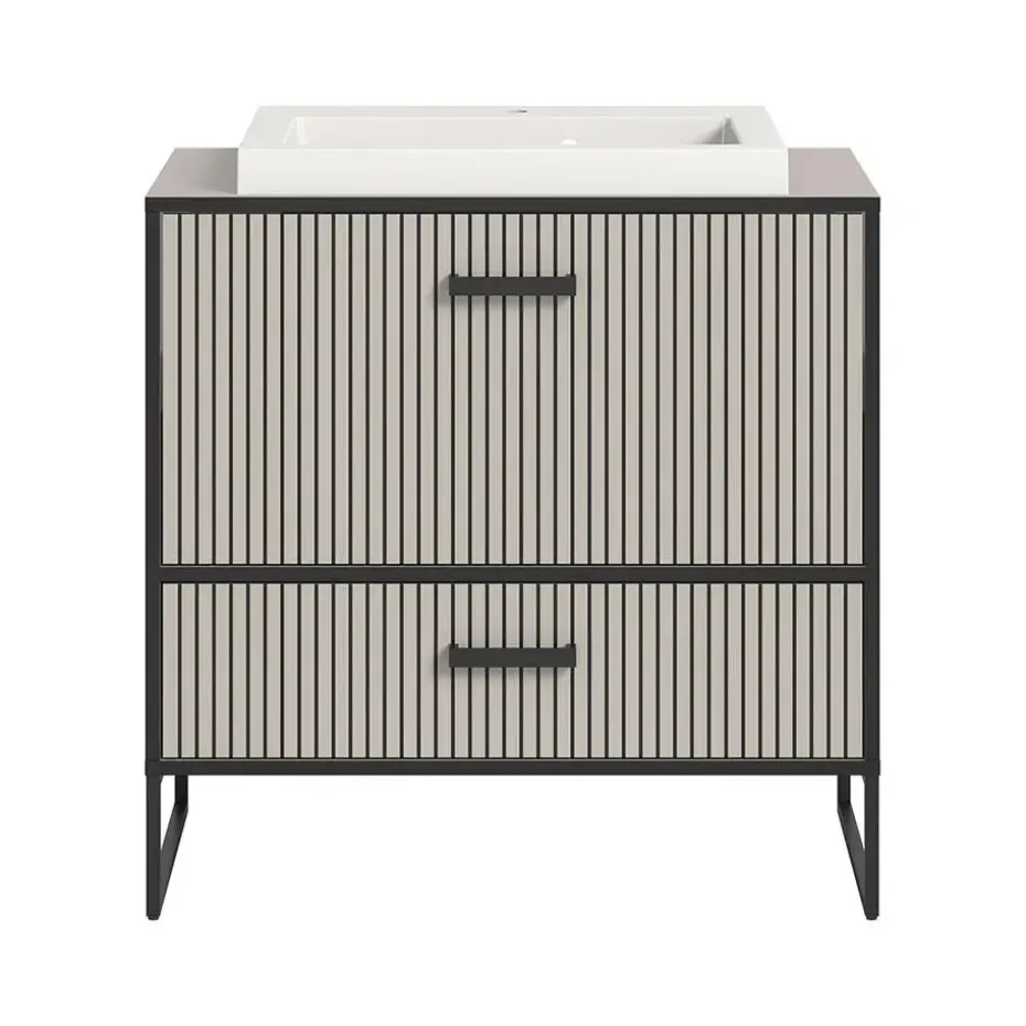 Hioshop Bagno wastafel incl wasbak 1 lade 1 klepdeur lichtgrijs- crèmekleurig