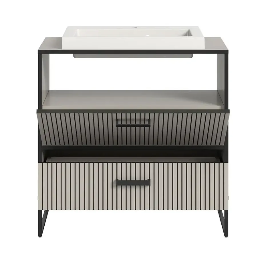 Hioshop Bagno wastafel incl wasbak 1 lade 1 klepdeur lichtgrijs- crèmekleurig