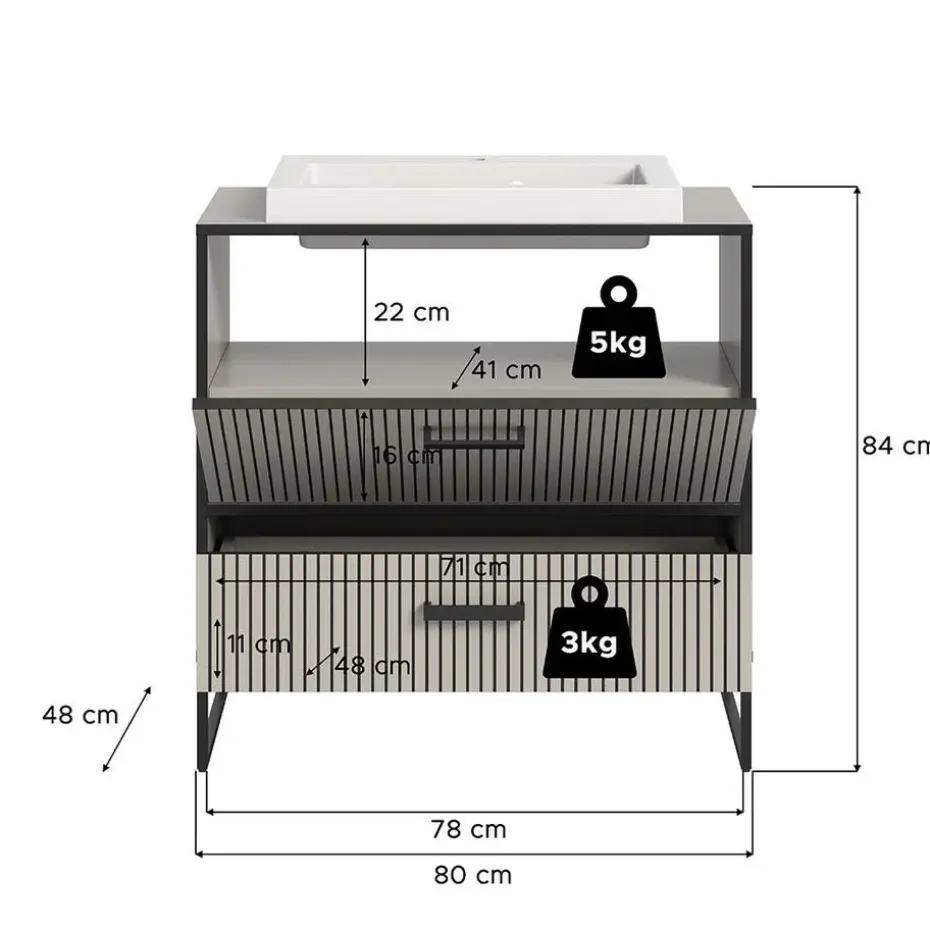Hioshop Bagno wastafel incl wasbak 1 lade 1 klepdeur lichtgrijs- crèmekleurig