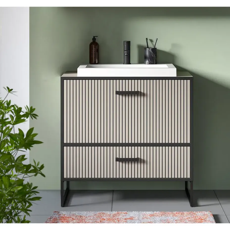 Hioshop Bagno wastafel incl wasbak 1 lade 1 klepdeur lichtgrijs- crèmekleurig