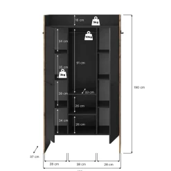 Hioshop Bueno kledingkast 2 deuren- 1 lade- 3 planken en 2 haken donkergrijs