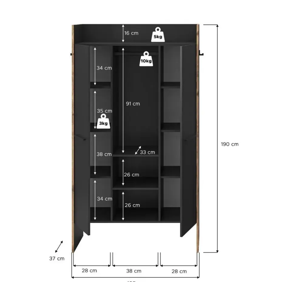 Hioshop Bueno kledingkast 2 deuren- 1 lade- 3 planken en 2 haken donkergrijs