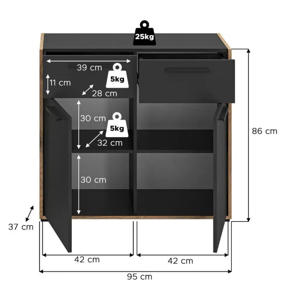 Hioshop Bueno kommode 2 deuren- 2 lades donkergrijs