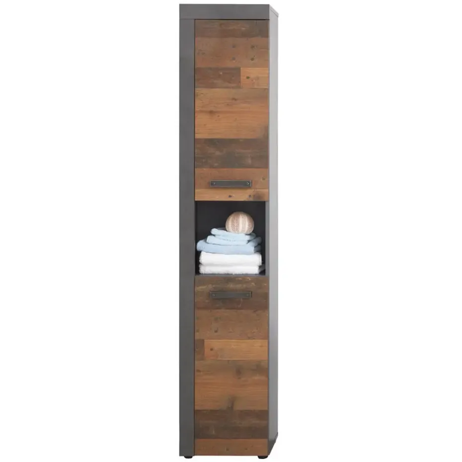 Hioshop CancunIndy kolomkast 2 deuren- 1 open vak eiken decor- oud houten