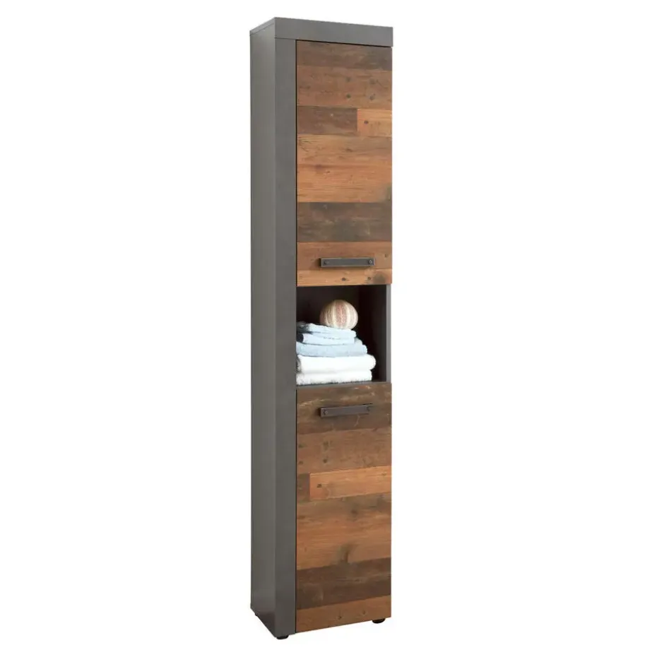 Hioshop CancunIndy kolomkast 2 deuren- 1 open vak eiken decor- oud houten