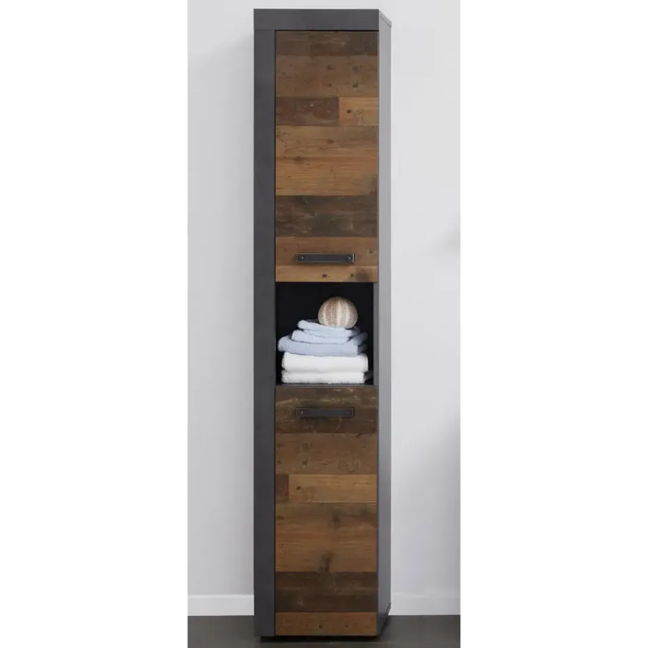 Hioshop CancunIndy kolomkast 2 deuren- 1 open vak eiken decor- oud houten