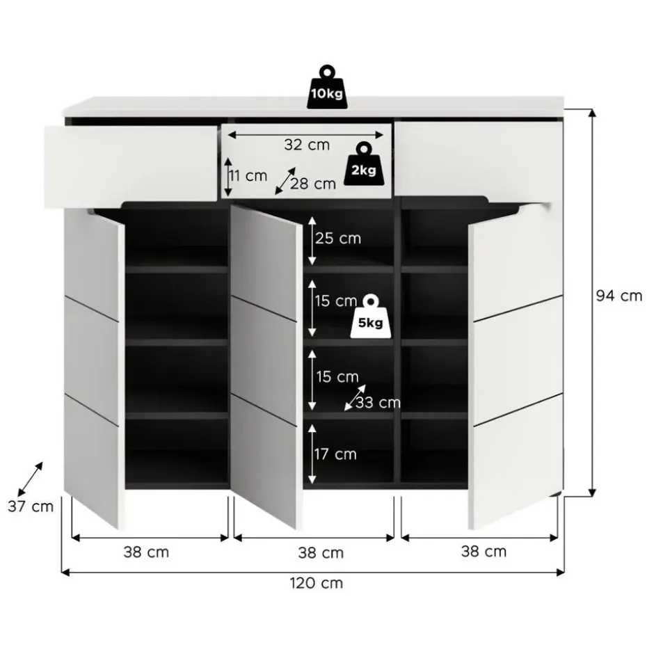 Hioshop Canu schoenenkast 3 deuren- 3 lades wit- grijs