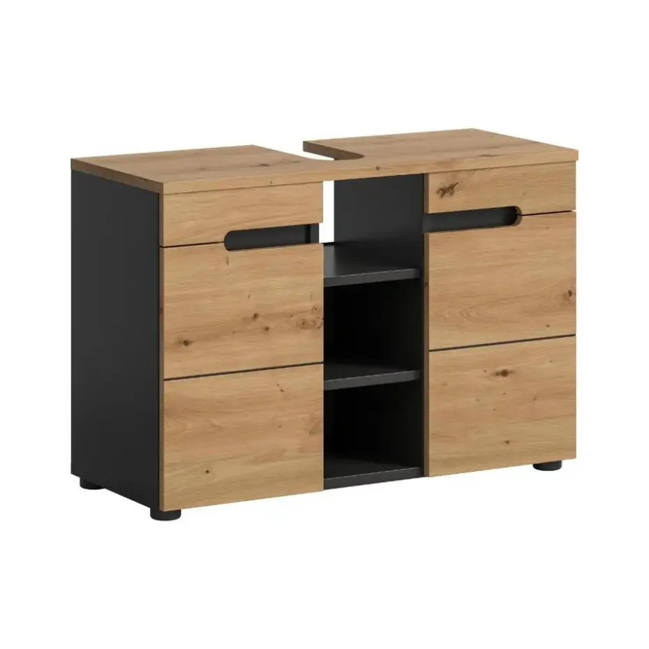 Hioshop Canu wastafel 2 deuren- 3 planken eiken decor- grijs