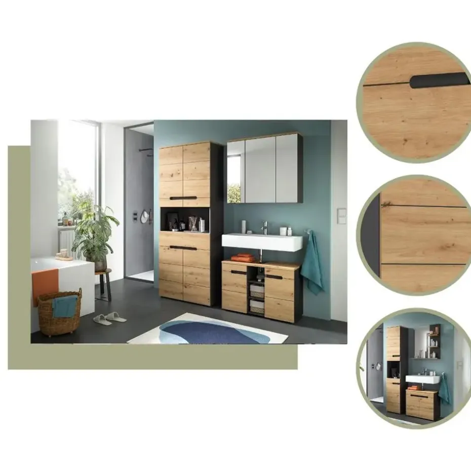 Hioshop Canu wastafel 2 deuren- 3 planken eiken decor- grijs