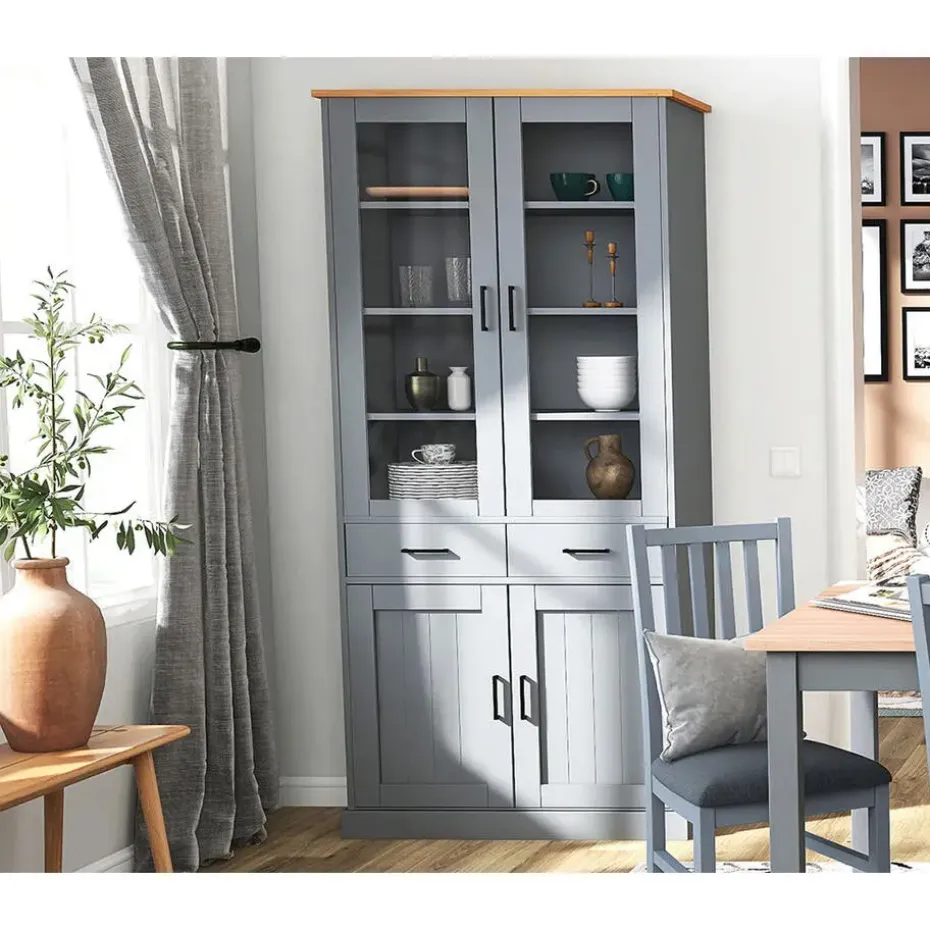 Hioshop Forenzo vitrinekast 4 deuren- 2 lades grijs- natuur