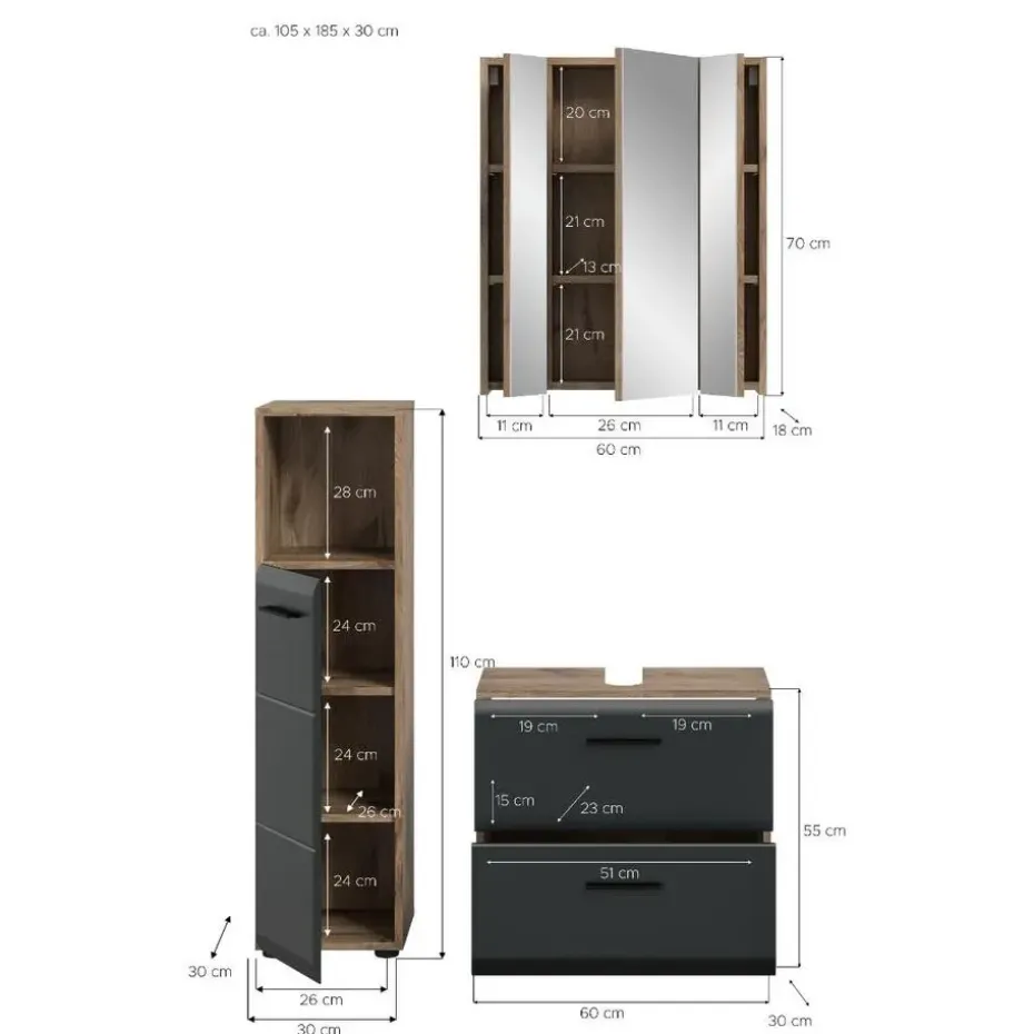 Hioshop Ice badkamer I23 zwart mat- eiken decor