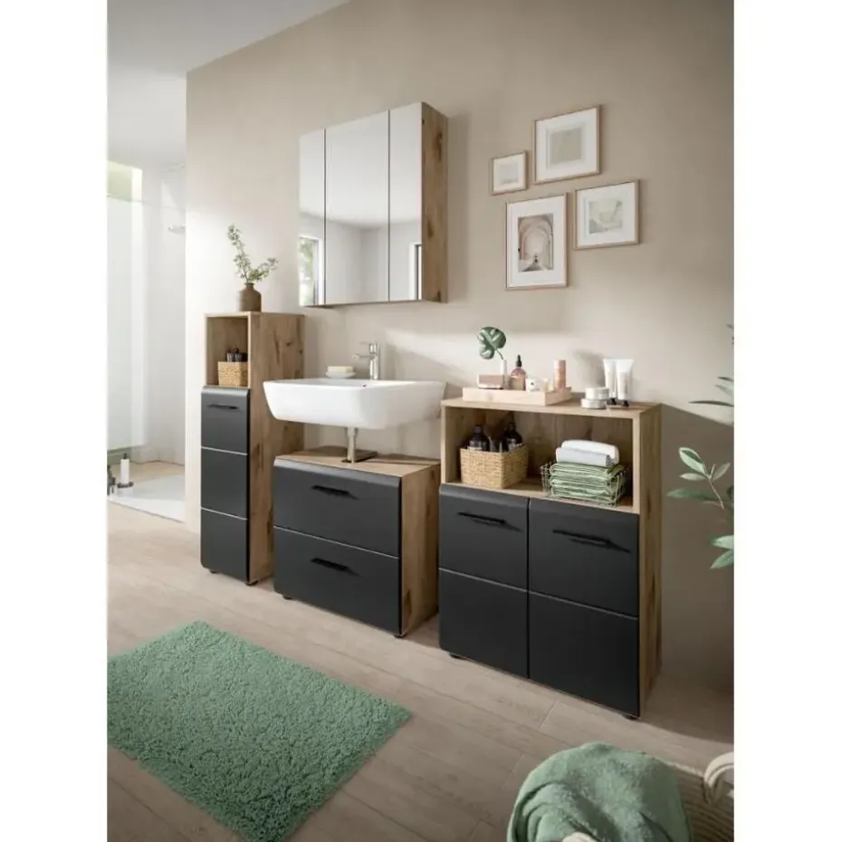 Hioshop Ice badkamer I9 zwart mat- eiken decor