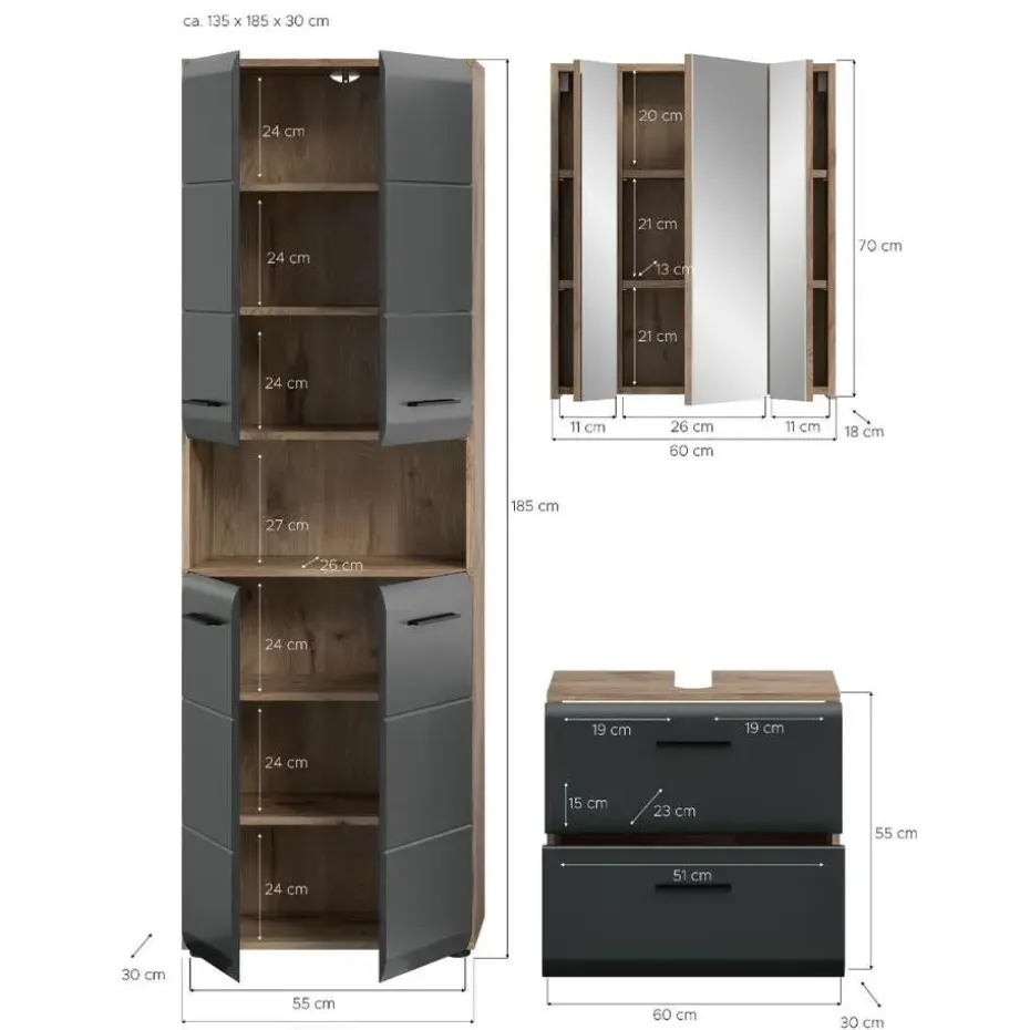 Hioshop Ice badkamer I19 zwart mat- eiken decor