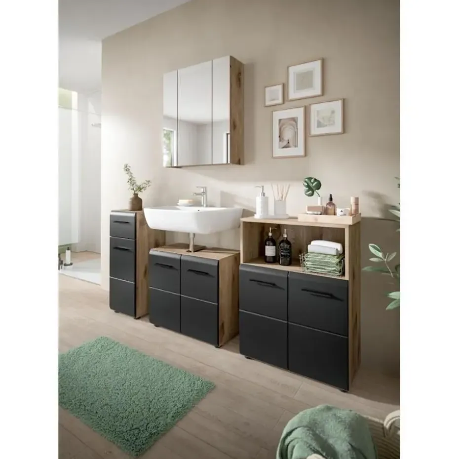 Hioshop Ice badkamer I12 zwart mat- eiken decor